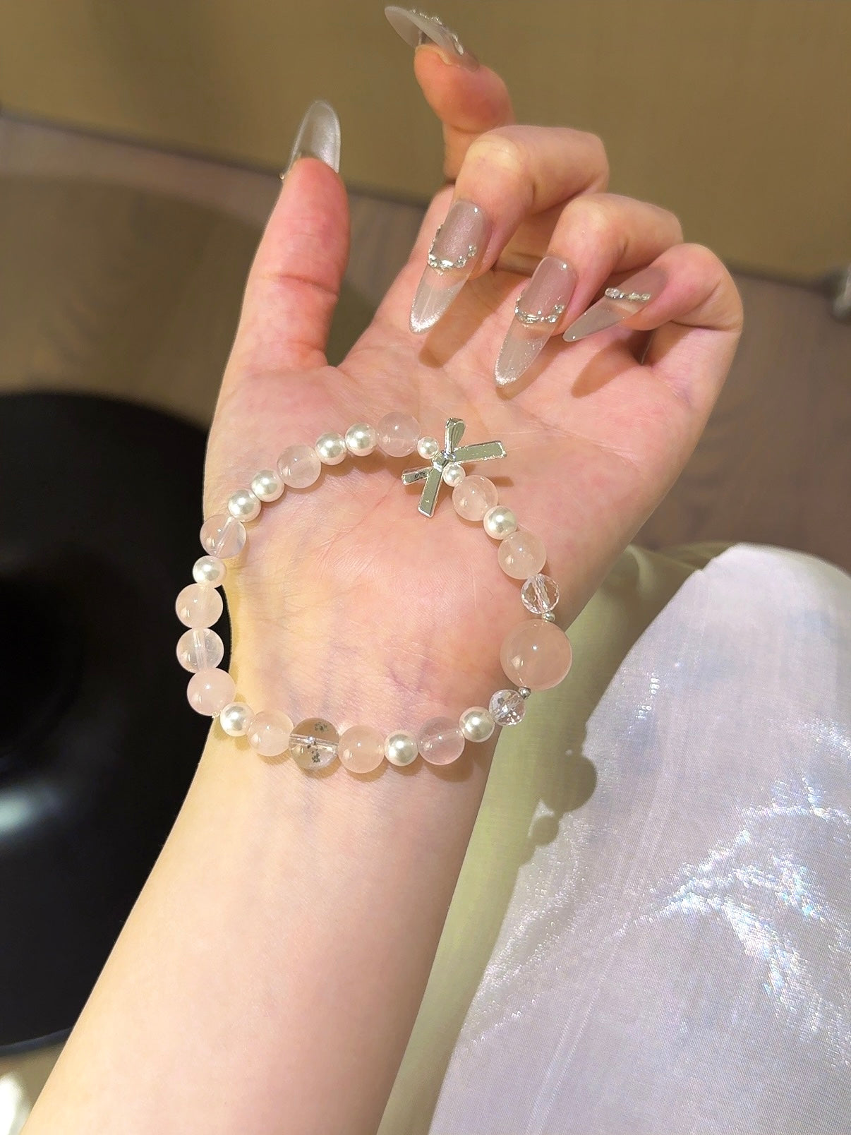 ▫️▪️ Pink crystal green ghost shell bead white crystal bracelet